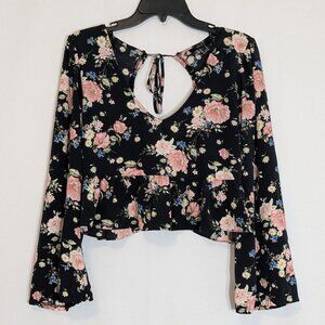 FOREVER 21 Black/Pink Floral V-Neck Long Sleeve Ruffle Crop Top; Size S